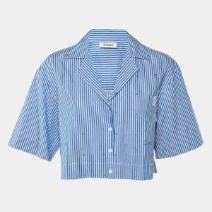 مملوكة مسبقًا Sandro Blue Striped Cotton Embellished Crop Shirt M