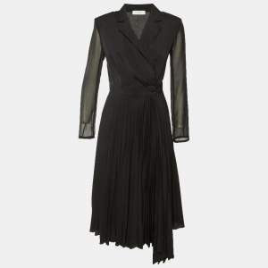 مملوكة مسبقًا Sandro Black Crepe & Plisse Wrap Style Midi Dress S