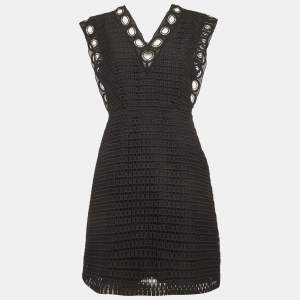 Pre Owned فساتين ساندرون أسود كروشيه دانتيل بحافة رقبة V قصيرة صغيرة الحجم