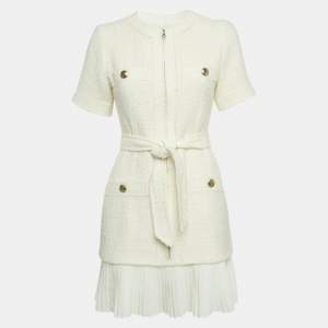Pre Owned Sandro White Tweed-Effect Woolen Mini Coat Dress S