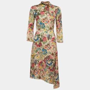 Sandro Multicolor Floral Print Crepe Neck Tie Detail Midi Dress S