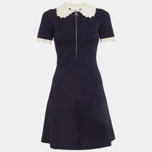 Sandro Navy Blue Patterned Knit Zip-Up Mini Dress S