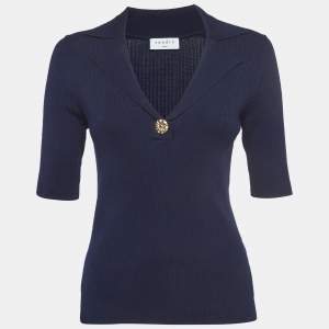 Sandro Navy Blue Rib Knit Short Sleeve Polo T-Shirt L