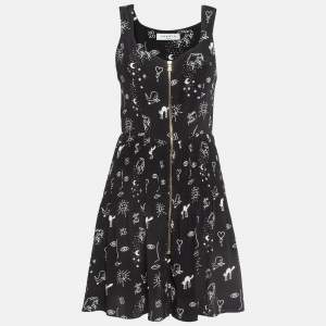 Sandro Black Printed Silk Zip-Up Mini Dress M