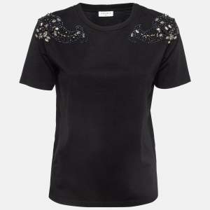 Sandro Black Cotton Knit Crystal Embellished T-Shirt S