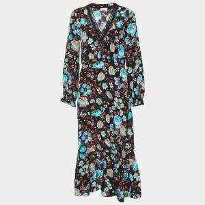 Sandro Black Floral Printed Silk Midi Dress S