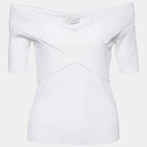 Sandro White Rib Knit Criss-Cross Detail Galina Top L