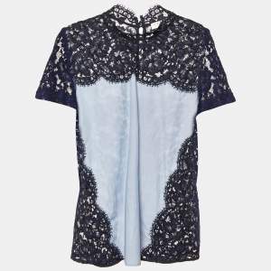 Sandro Blue Lace and Cotton High Neck Blouse M