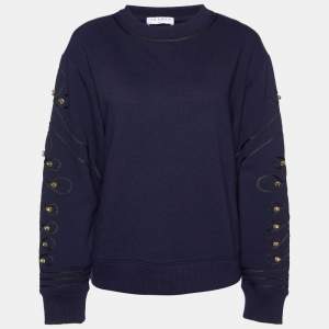 Sandro Navy Blue Cotton Blend Knit Embellished Sleeve Sweatshirt S
