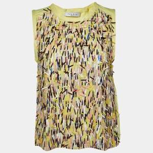 Sandro Yellow Sequin Fringe Embellished Mesh Sleeveless Top S