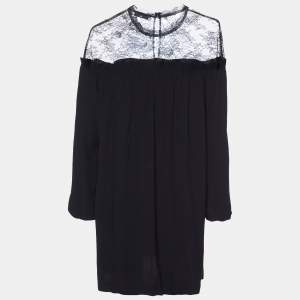 Sandro Black Crepe Lace Trim Shift Dress L