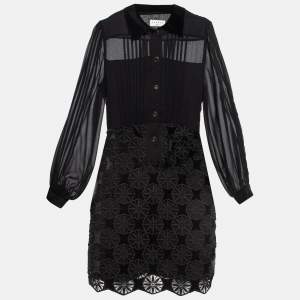 Sandro Black Velvet Lace and Crepe Mini Dress S