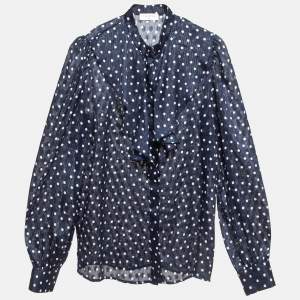 Sandro Navy Blue Metallic Thread Polka Dot Chiffon Shirt XS