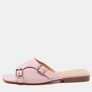 Santoni Pink Suede Double Buckle Flat Sandals Size 35