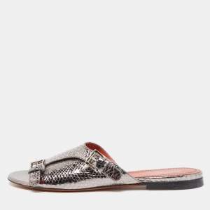Santoni Metallic Python Embossed Leather Flat Slides Size 41