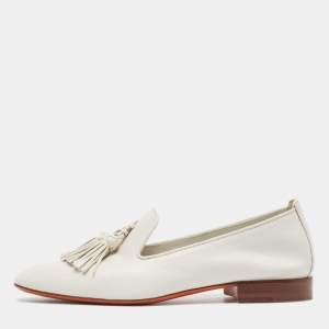Santoni White Leather Tassel Detail Loafers Size 37