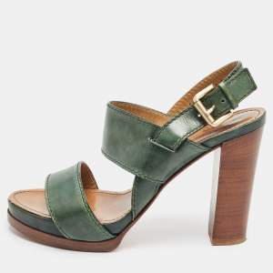 Santoni Green Leather Platform Block Heel Ankle Strap Sandals Size 39