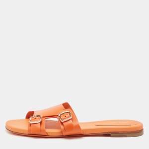 Santoni Orange Leather Foresaw Flat Slides Size 38