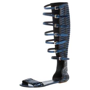 Santoni Black/Metallic Blue Leather Gladiator Sandals Size 40