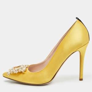 SJP Sarah Jessica Parker Yellow Satin Crystal Embellished Pumps Size 37