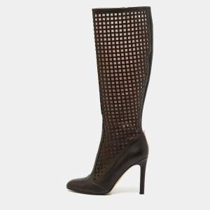 SJP Sarah Jessica Parker Brown Cutout Leather Knee Length Boots Size 37