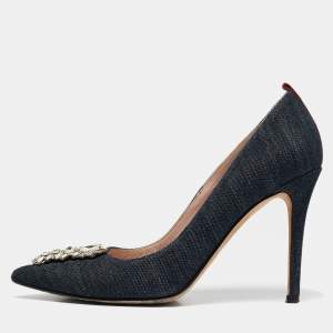SJP Sarah Jessica Parker Navy Blue Denim Crystal Embellished Pointed Toe Pumps Size 37