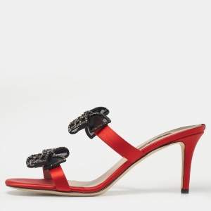 Pre Owned SJP Sarah Jessica Parker Red Satin Crystal Embellished Bow Slide Sandals Size 38.5