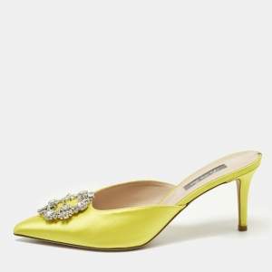 Pre Owned SJP Sarah Jessica Parker Size 38.5 Yellow Satin Crystal Embellished Mules
