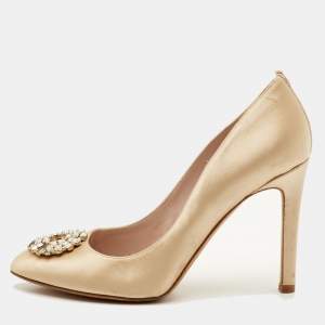 Pre Owned SJP Sarah Jessica Parker The LJ Recital Size 40.5 Beige Satin Crystal Embellished Pumps