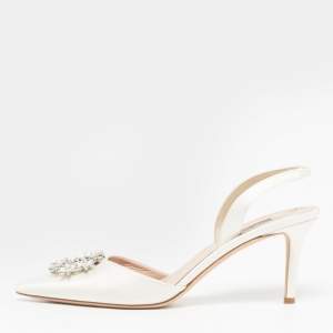Pre Owned SJP Sarah Jessica Parker Mabel Size 38 Off White Satin Slingback Pumps