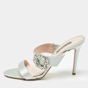 Pre Owned SJP Green Satin Crystal Embellished Slide Sandals Size 39