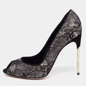 Sebastian Black Lace And Glitter Peep Toe Pumps Size 40