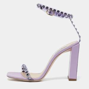 Sebastian Lilac Leather and PVC Crystals Embellished Ankle Strap Sandals Size 39