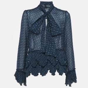 See by Chloe Navy Blue Printed Crepe Asymmetric Plisse Blouse M