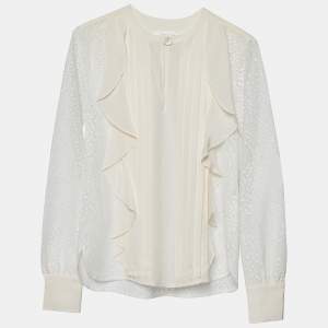 See by Chloe White Lace & Silk Paneled Ruffle Detail Blouse S 
