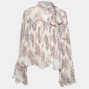 Pre Owned See by Chloe Beige Paisley Printed Plisse Neck Tie Detail Top L