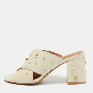 See by Chloe Grey Leather Studded Accents Block Heel Slides Size 38