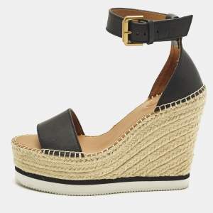 Pre Owned See by Chloe Glyn Size 39 Black Leather Wedge Ankle Strap Espadrille Sandals