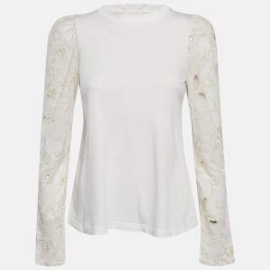 See by Chloe Powder White Butterfly Embroidered Cotton Top XS
