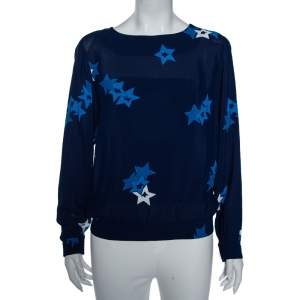 Pre Owned See by Chloe Navy Blue Star-Print Crepe Smocked Waist Blouse M