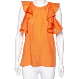 Pre Owned توب سي وكلوي أكمام مكشكشة حرير برتقالي مقاس متوسط