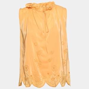 See by Chloe Yellow Crepe De Chine Floral Embroidered Sleeveless Top M