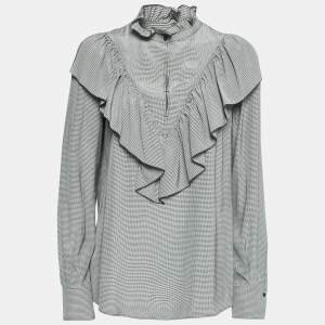 Pre Owned بلوزة سي باي كلوي طرف مكشكش كريب ميكرو كاروهات رصاصي مقاس كبير - لارج