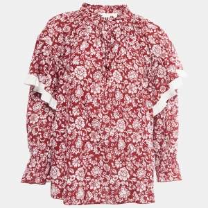 مملوكة مسبقًا See by Chloe Red Floral Printed Cotton Ruffled Blouse S