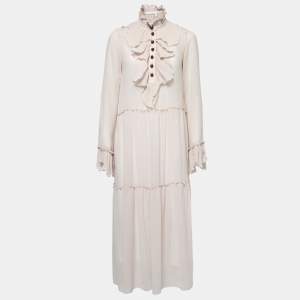 See by Chloe Beige Crepe de Chine Ruffled Tiered Maxi Dress M