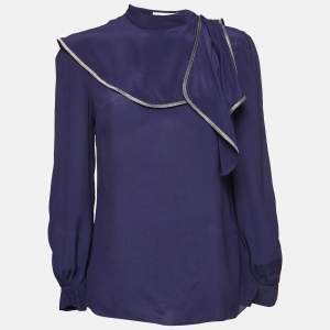 See by Chloe Dark Purple Crepe Ruffle Detail High Neck Long Sleeve Top M