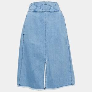See by Chloe Blue Washed Denim Raw-Trimmed Midi Skirt L