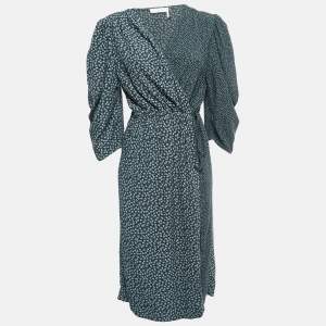 See by Chloe Dark Green Dotted & Floral Printed Crepe Wrap Midi Dress L