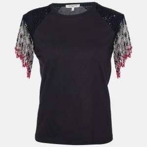 See by Chloe Black Beaded Tassels Sleeve Cotton Top 