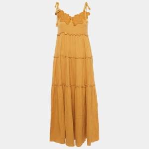 See by Chloe Yellow Floral Applique Cotton Tiered Maxi Dress M